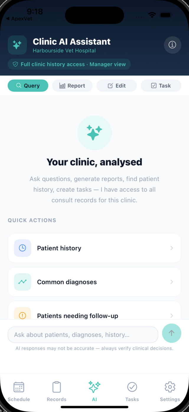 Apex Vet vet app, Clinic AI Assistant, ask about patients, diagnoses and history
