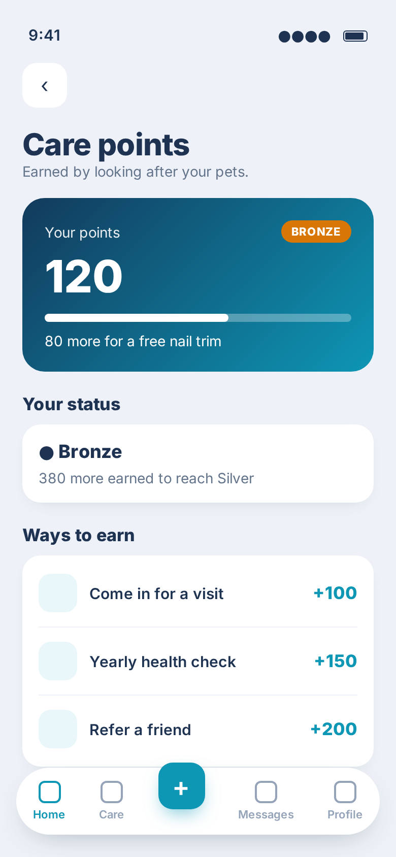 Care points and rewards screen