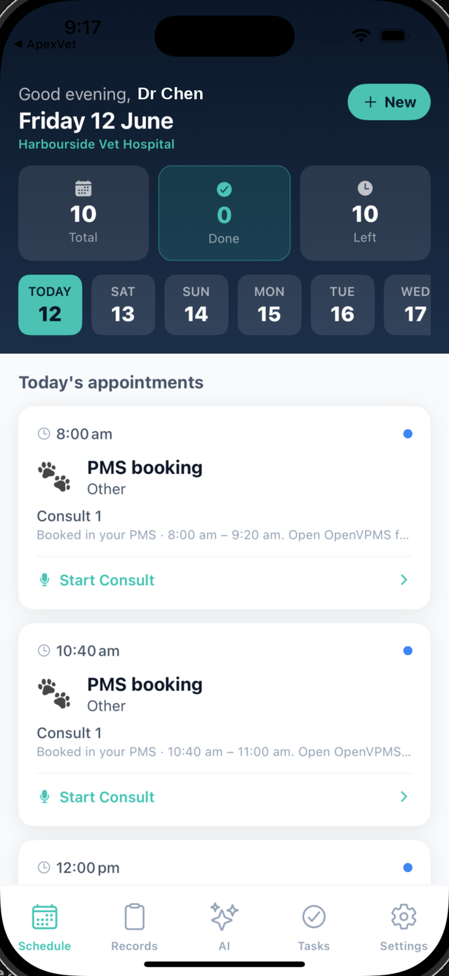 Apex Vet vet app, Today's schedule pulled live from the PMS