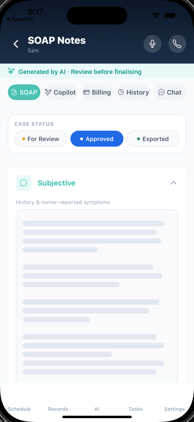 Apex Vet vet app, Records: consult notes history with review status