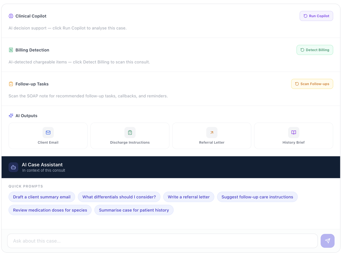 Clinical Copilot, AI outputs for client email, discharge instructions, referral letter, billing detection and case chat