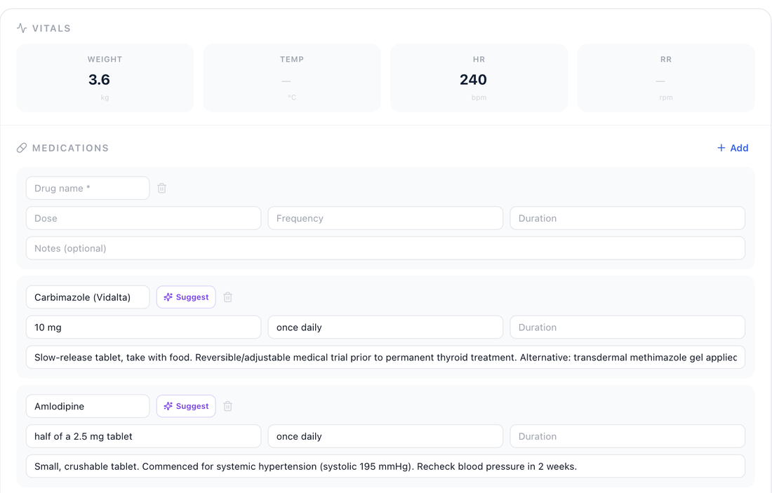 Medications detected from the consult with AI dosing suggestions, awaiting vet approval