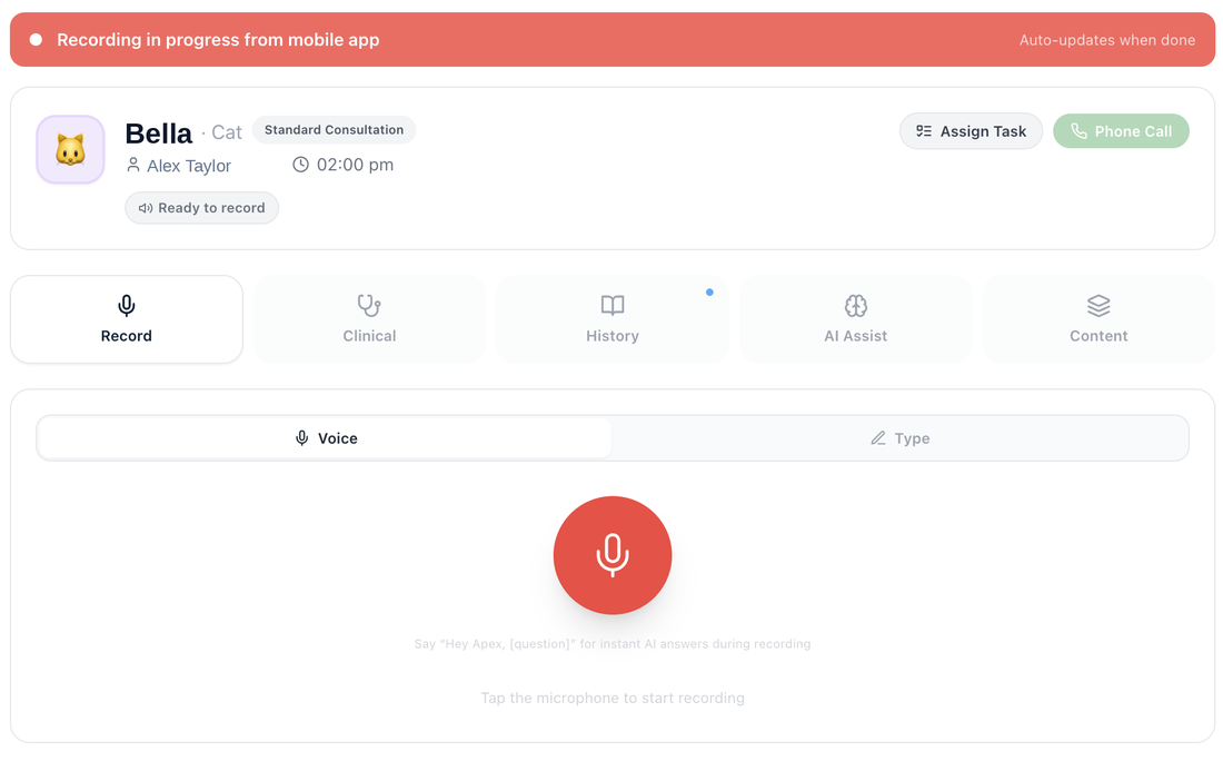 Live consult recording in the Apex Vet portal, recording in progress from the mobile app