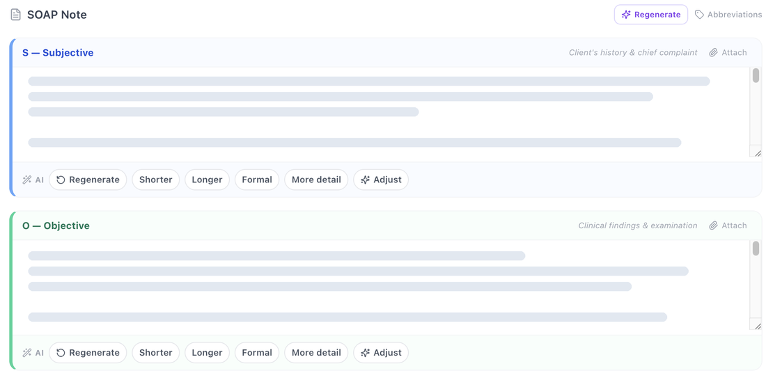 Generated SOAP note with per-section AI controls, regenerate, shorter, longer, format