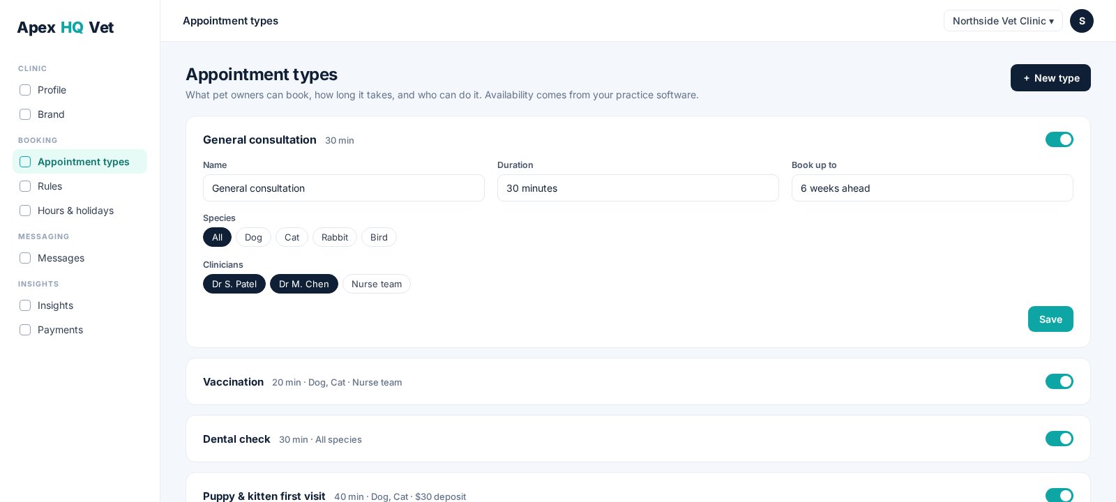 Back office, appointment types with duration, clinicians and species