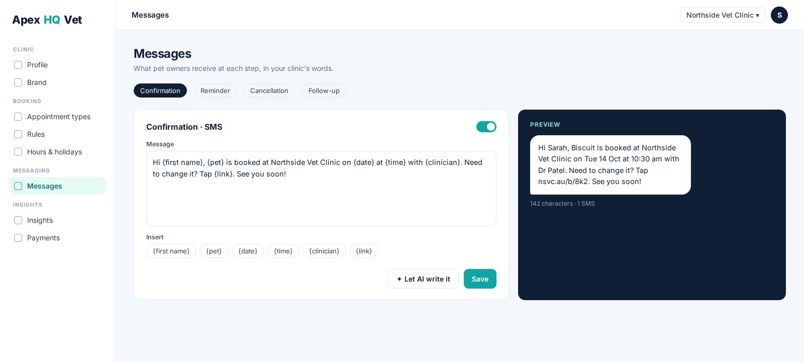 Back office: pet owner messages with live preview