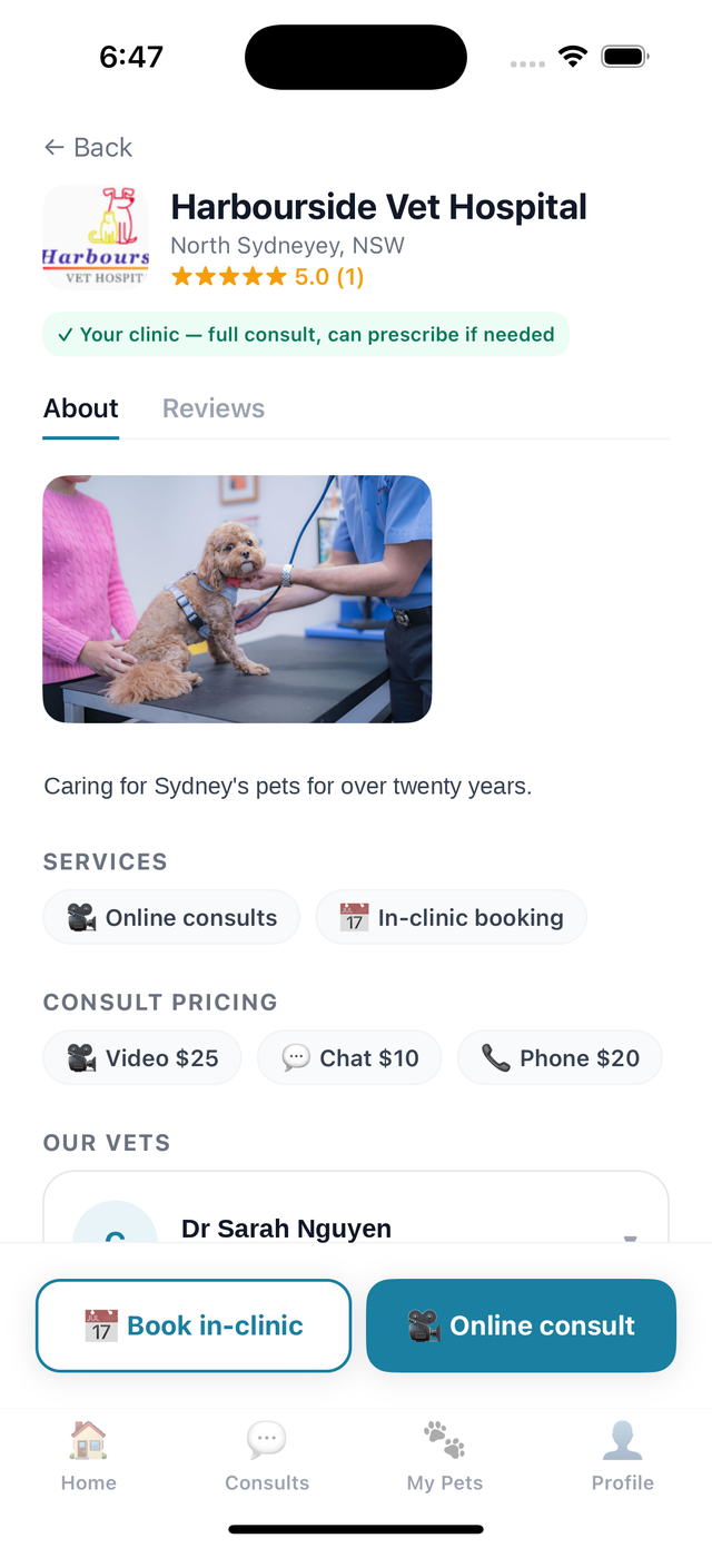 ApexVet app, clinic profile with services, consult pricing and vets