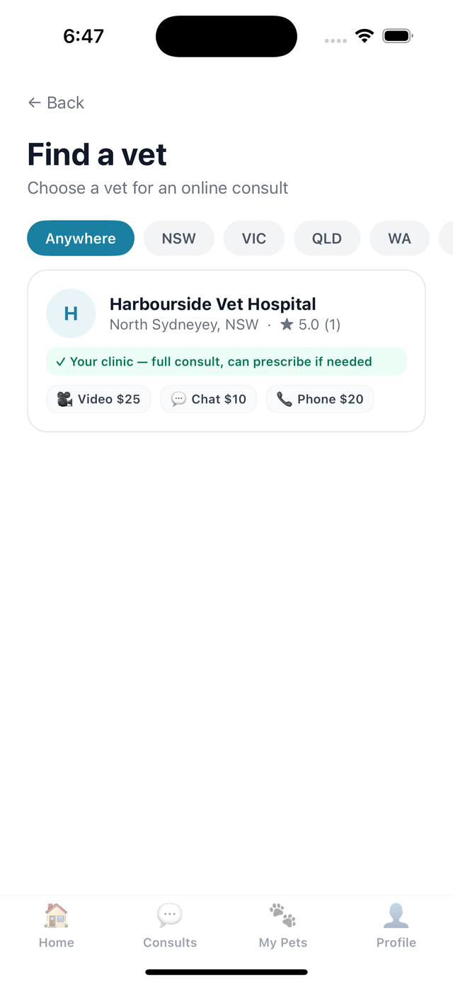 ApexVet app, Find a vet list with state filters, clinic rating and consult prices