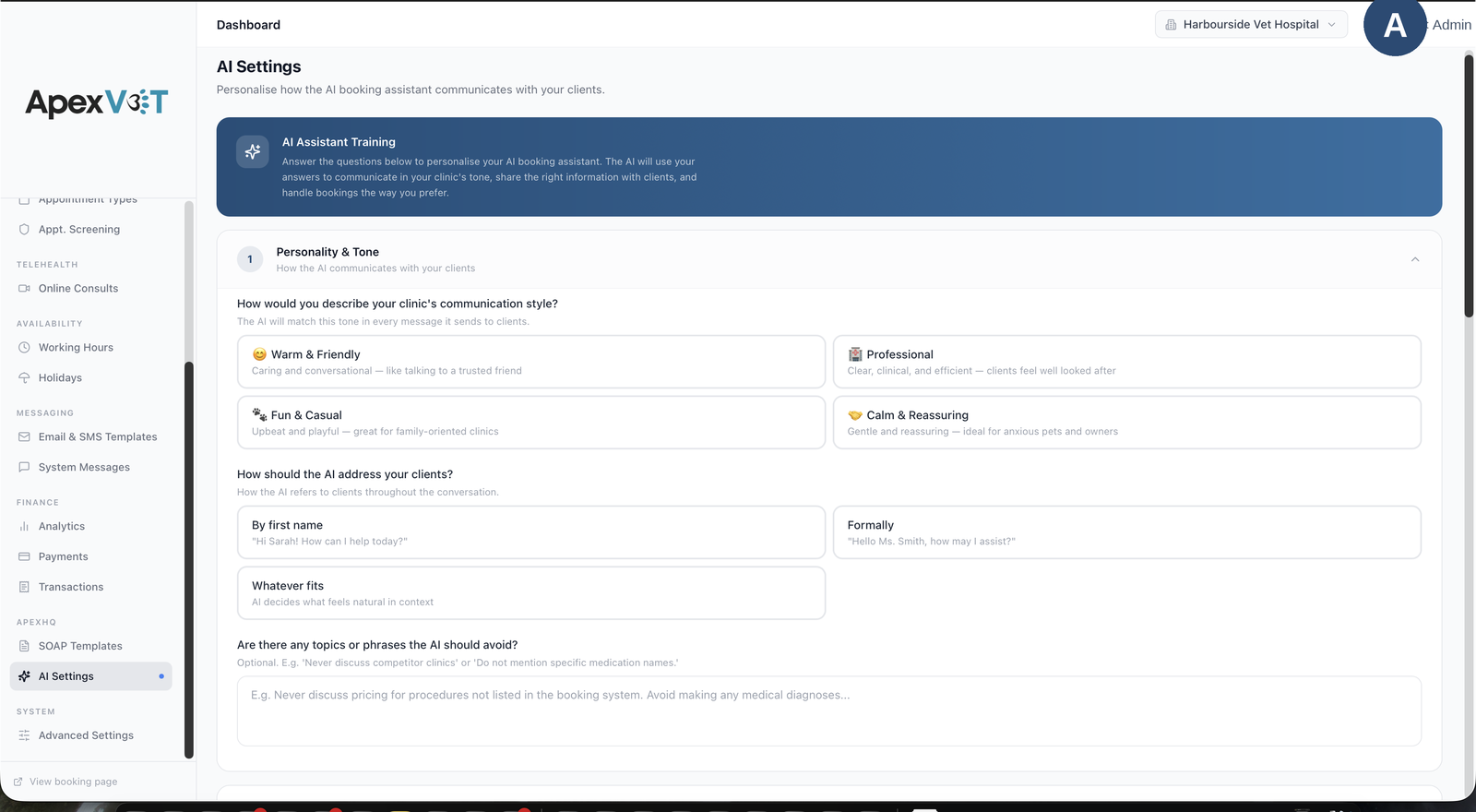 Back office, AI Settings: train the booking assistant on tone, how to address clients and topics to avoid