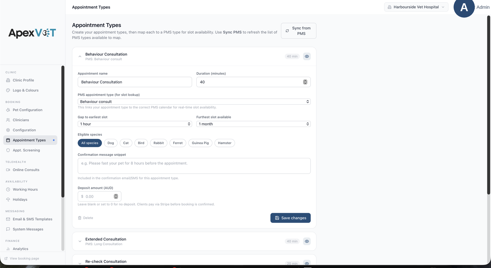 Back office, Appointment types mapped to PMS types: duration, species, booking windows, deposits