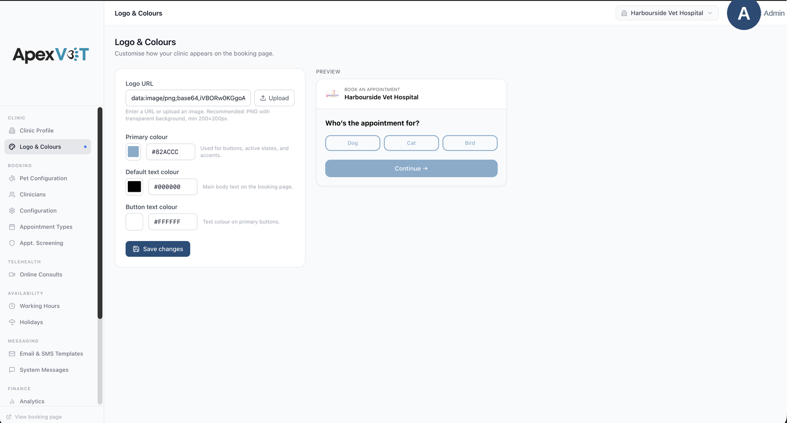 The live back office, Logo & Colours tab with a live preview of the clinic's booking page