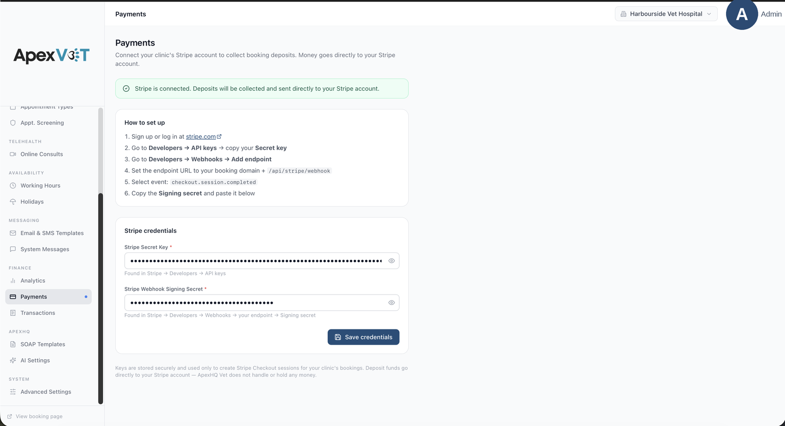 Back office, Payments: connect your own Stripe account so booking deposits go straight to the clinic