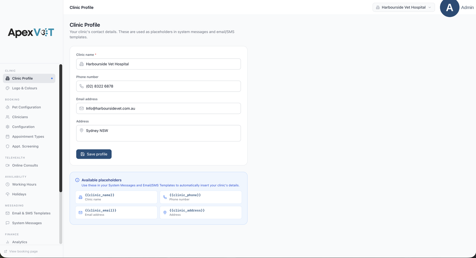 Back office, Clinic profile with contact details and smart placeholders for messages