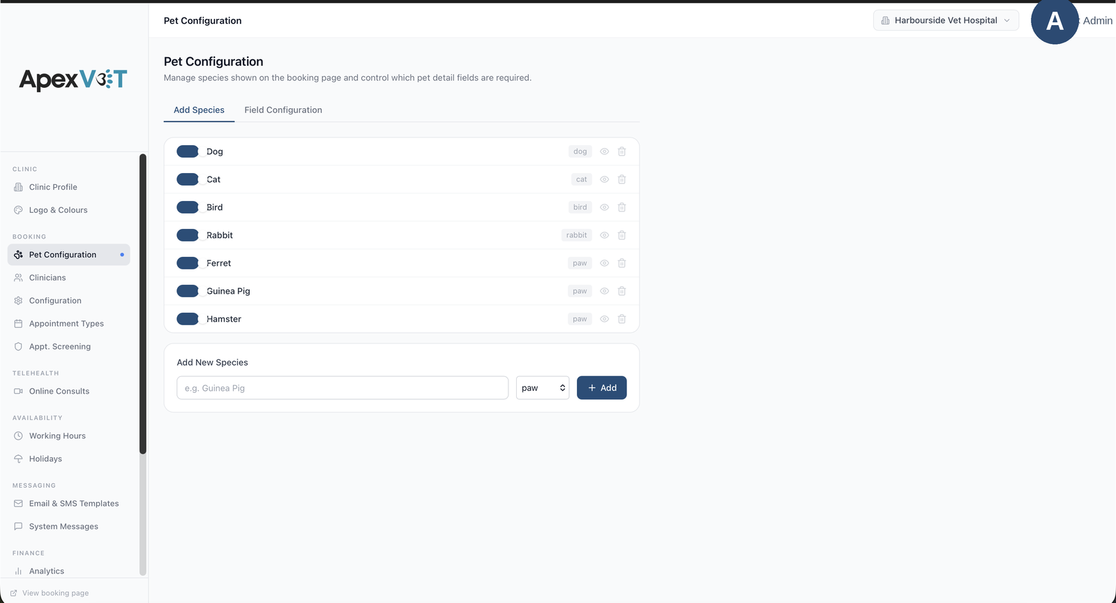 Back office, Pet configuration: species shown on the booking page, every field mandatory, optional or hidden
