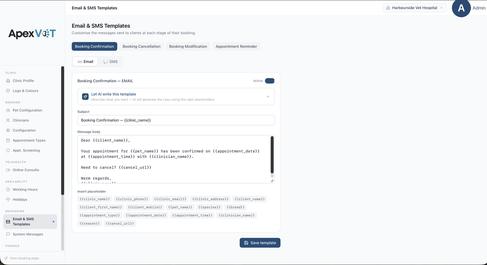 Back office, Email and SMS templates with placeholders, or let AI write the template