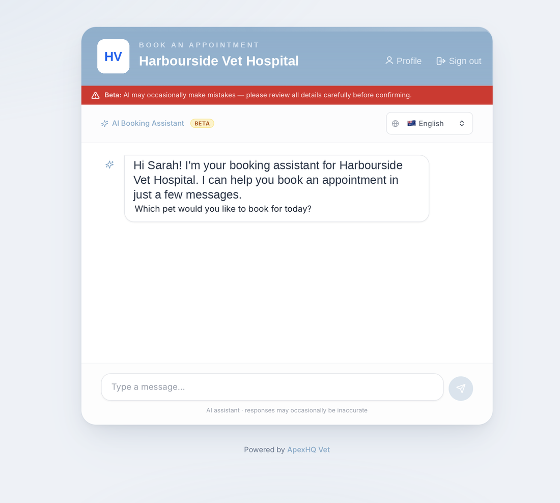 AI booking assistant chat, books an appointment in a few messages, multilingual