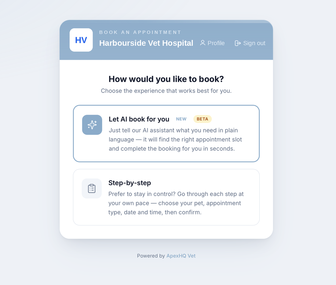 Choice screen, Let AI book for you, or step-by-step booking