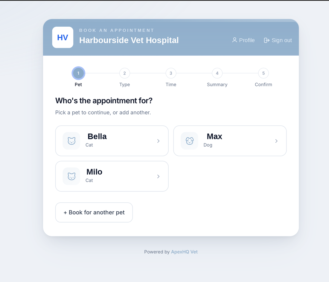 Online booking, a returning client picks from their saved pets