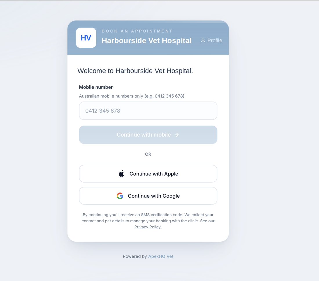 Booking sign-in, mobile number with SMS code, or continue with Apple or Google