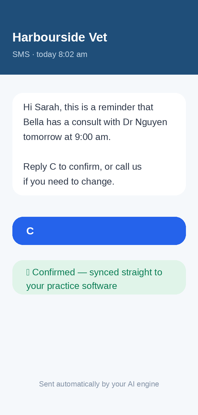 SMS reminder example, confirm with one reply, synced to your practice software